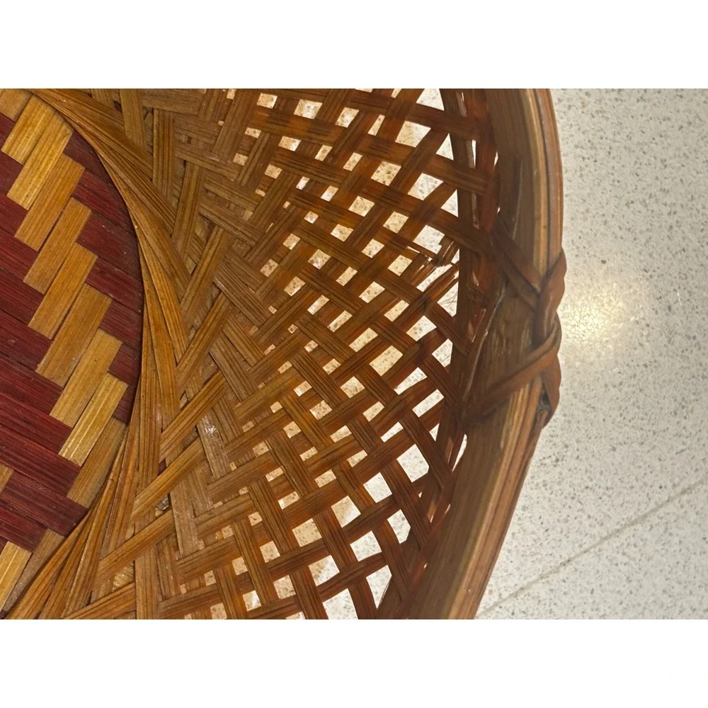 Vintage Woven Bamboo Basket Oval Lattice Diamond Pattern Boho Decor